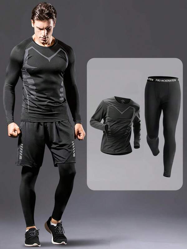 2pcs/Set Men's Fitness Suit, Elastic Quick-Dry Training, With Printed Pattern Long Sleeve Top And Long Pants, Suitable For Fitness Training, Basketball, Running, Shaping, Outdoor Running, Riding, Mountaineering, Night Running, Casual Sports Wear For Spring/Summer, Casual Outfit, 4 Season Wear, High Elasticity, Fast-Drying, Breathable