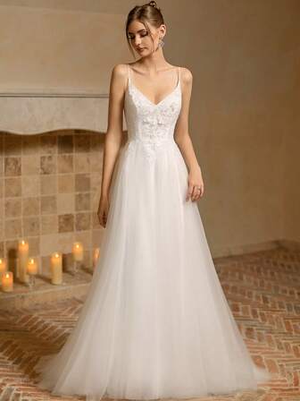 LVNES White Color Applique Sequin Wedding Dress, Long Spaghetti Strap Elegant Bridal Dress