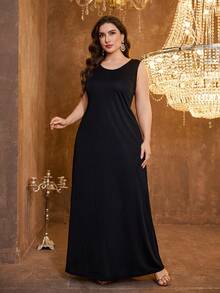 SUPGIR [Random Print] Plus Size Women's Stand Collar Long Sleeve Reversible Sequin Contrast Mesh Fabric Elegant Evening Dress - màu đen - Xem 7