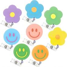 8Pcs Flower Smile Face Badge Reel With Clips Retractable Cord Pastel Floral Round ID Badge Reel Name Tag Badge Holder For Office Hospital Teachers Favor - 軍綠色 - 查看 1