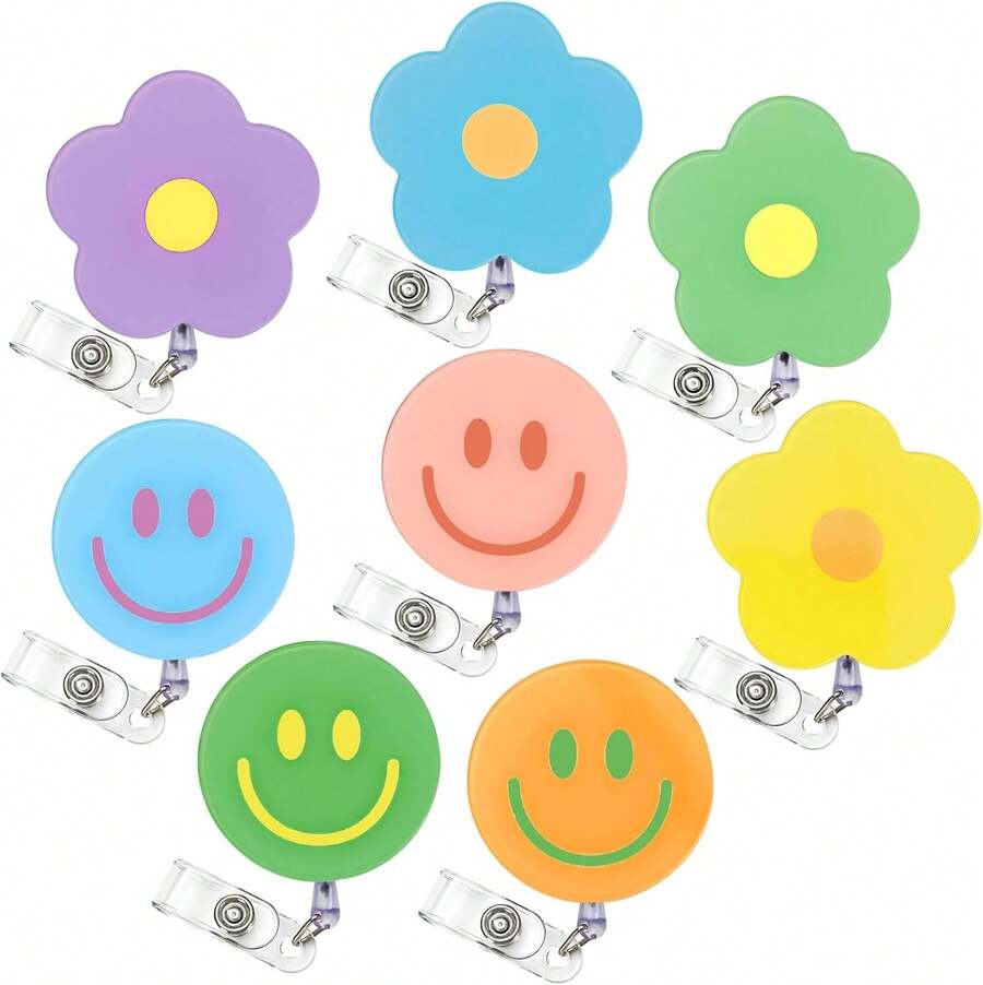 8Pcs Flower Smile Face Badge Reel With Clips Retractable Cord Pastel Floral Round ID Badge Reel Name Tag Badge Holder For Office Hospital Teachers Favor - 軍綠色 - 查看 1