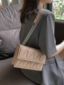 Chic High-End Fashion Flap Chain Crease Stylish Shoulder Bag, Crease Diamond Chain Shoulder Bag For Women - Khaki - View 10