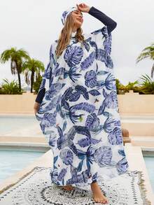 VFJ Tropical Plant Print Women Long Sleeve Long Pants Burkini Swimsuit Set With Coverup Dress And Hijab - Navy Blue - View 3