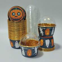 Cakegiugiu Moldes para cupcakes de estilo Halloween, 3.5 Oz 25/50/100 piezas Moldes desechables para magdalenas con tapas, Moldes desechables para cupcakes con tapas, Moldes para hornear, Moldes para cupcakes, Pequeños moldes para hornear, Moldes para cupcakes de Hipopótamo de fiesta, Perfectos para Halloween - Negro - Ver 12