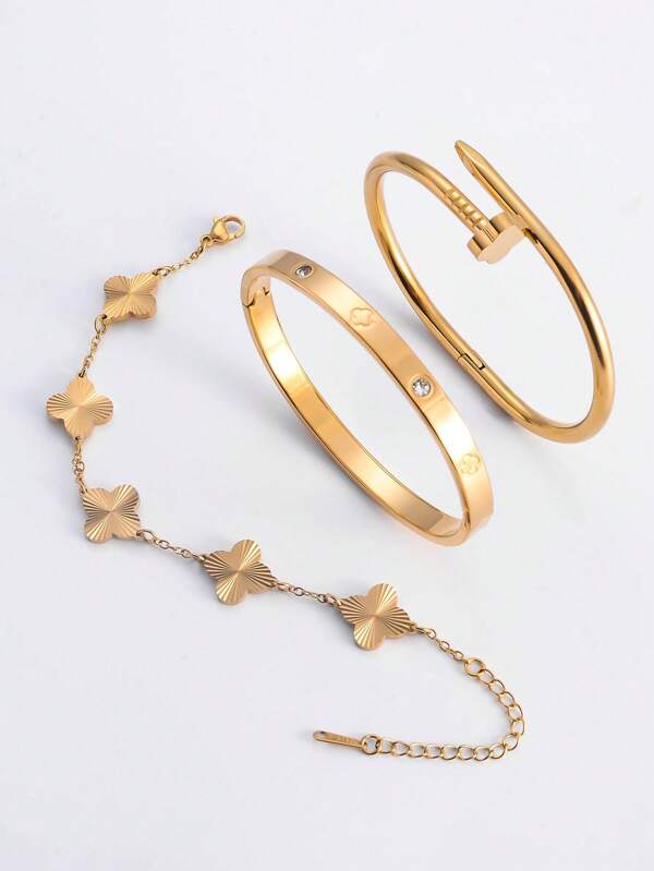 2pcs Set Minimalist Elegant Stainless Steel Bracelet And Bangle With Glass Crystal And Four-Leaf Clover Decor, Suitable For Women's Daily Wear Or Gifting For Festivals