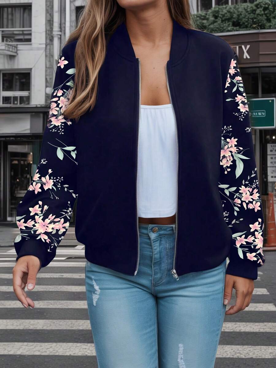Plus Women's Floral Print Zipper Jacket - Navy Blue - View 1