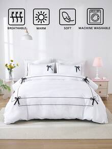 三件套黑色格子蝴蝶结被套组（1个被套+2个枕套，不含被芯），简约美式风格，柔软亲肤的聚酯纤维面料，适合卧室、主卧、客房、宿舍等各种空间，四季皆宜，宿舍装饰，优雅寝具 - 彩色 - 查看 5