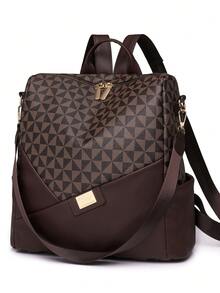 Women's Stylish Rhombus Patchwork Large Capacity Backpack, Commuter Bag, Student Backpack, Mommy Bag - Brown - View 8