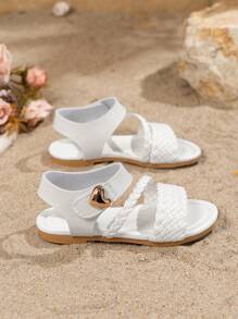 1 Pair Girls Woven Design Flat Sandals, Round Toe Hook And Loop Closure Comfortable Cute Fashion Suitable For Outdoor, Beach Wear In Summer