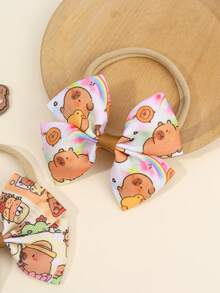 2 件女孩蝴蝶结装饰发带，柠檬/花朵/卡通水豚印花蝴蝶结，弹性发带，可爱清新配饰，适合春季/夏季/上学日/趣味郊游