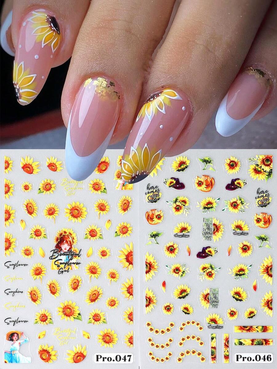 2 miếng dán móng tay hình hoa hướng dương, miếng dán móng tay 3D, miếng dán tự dính, đồ dùng làm móng, đồ trang trí móng tay DIY - Nhiều màu - Xem 1