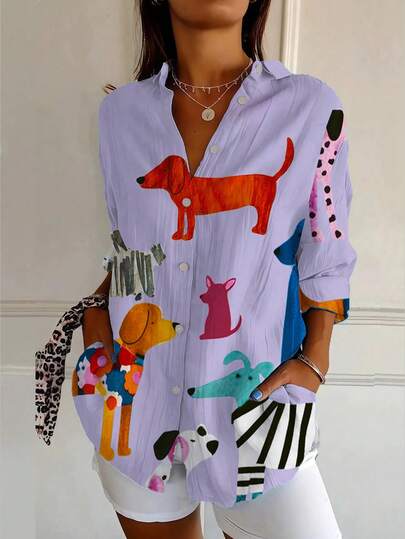 Women's Relaxed Fit Shirt With Canine Art - Dog Print Breathable Everyday Top Spring