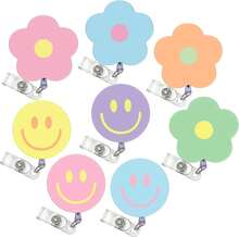 8Pcs Macaron Flower Smile Face Badge Reel With Clip Retractable Cord Pastel Floral ID Badge Reel Hippie Name Tag Badge Holder For Office Nurse Teacher Favor - 黑與白 - 查看 1