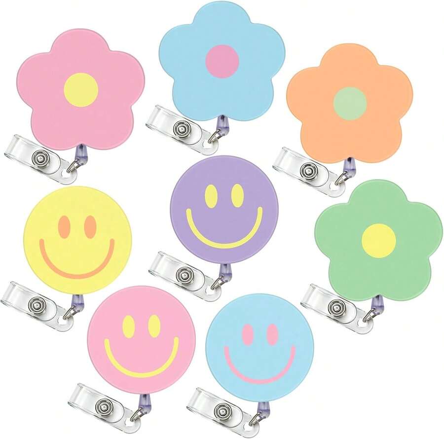 8Pcs Macaron Flower Smile Face Badge Reel With Clip Retractable Cord Pastel Floral ID Badge Reel Hippie Name Tag Badge Holder For Office Nurse Teacher Favor - 黑與白 - 查看 1
