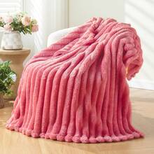Super Soft King Blanket Pink Premium Silky Flannel Fleece 3D Ribbed Jacquard Lightweight Bed Blanket All Season Use (Pink Ribbed, King(90"X110")) - Coral Pink Ribbed - 查看 1