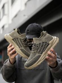Men's Fashion Striped Knit Mesh Lace-Up Slip-On Casual Sneakers, Versatile, Comfortable, Suitable For Daily Wear, Outdoor, Commute, Wear With Socks