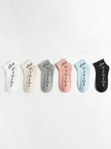 Set de 3/6/9 pares (surtidos al azar) de calcetines de media caña de colores caramelo con diseños de letras "AMOR" y corazón, calcetines de moda unisex para pareja/uso diario, disponibles en varios paquetes.