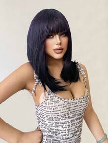 1 款合成耐热直发假发，紫色假发带刘海，20 英寸长，全机织日常自然逼真假发