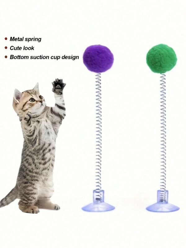 Interactive Cat Toy With Plush Ball, Metal Spring Cat Teaser And Suction Cup Base - Bright Colors, No Batteries Required, Durable Design, Suitable For All Breeds, Stimulates Hunting Instincts And Playful Excitement, Hunting Simulation Toys, Energetic Cat Toys, Plush Ball Toys, Cat Toys For Indoor Cats