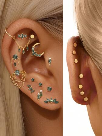 EleRunis 1PC 925 Sterling Silver Natural Moss Agate Marquise Asymmetrical Water Drop Flat Back Cartilage Helix Piercing Fine Jewelry For Daily Wear Wedding Party Engagement Anniversary Valentine's Day