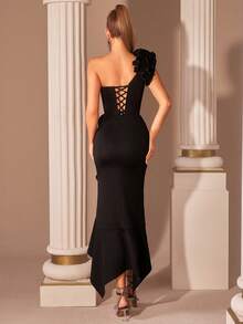 ADYCE Robe de soirée mi-longue pour le bal, l'anniversaire, la soirée, le retour au pays, le mariage, le cocktail, la réception familiale et le festival, avec une épaule, une décoration à bord de champignon multicouche, une taille haute, une jupe irrégulière à bord de feuille de lotus et un laçage. - Noir - Voir 2