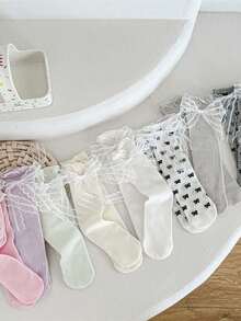 Kids' Lace Ribbon Bow Mesh Breathable Socks, Lace Trim Mid-Calf Socks, Polyester, All Season - Multicolor - View 3