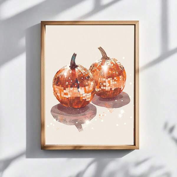 1PC Two Golden Pumpkins With A Shiny Surface The Image Has A Disco Vibe, Print Poster, Wall Arts Decor Painting, Modern Home, Living Room, Bedroom, Bar Decor, No Framed