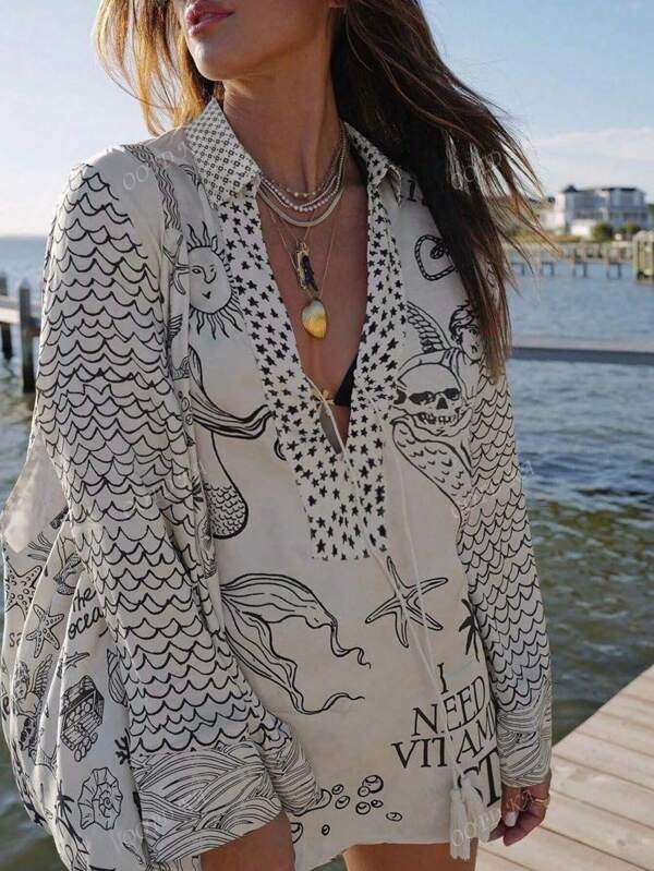 Spring And Summer Women's Fashion Casual Seaside Beach Holiday Style Mermaid Star Pattern Tie V Neck Tassel Design Shirt Sea Creature Star Pattern Shorts Casual Women's Two Pieces Set