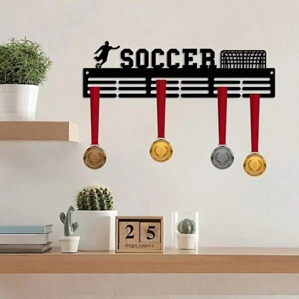 1pc Soccer-Themed 3D Metal Medal Holder Wall Decor - Waterproof Contemporary Trophy Display With 3 Medal Hooks & Goalpost Design For Sports Enthusiasts, Athletes, Home Decor, Sportsthemed Design