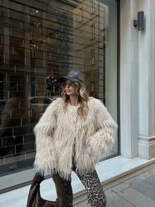 HZXVIC 女士时尚气质奢华仿皮草外套女式高端感修身上衣 - 米色 - 查看 8
