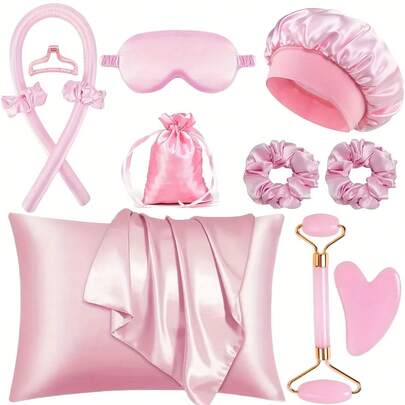 12 Stücke Haarstyling-Set zum Schlafen, enthält Lockenstab & Gesichtsmassagegerät, 1 Stück Kissenbezug, geeignet für hellbeige Queen-Suite, hitzefrei Lockenstab-Set, Nacht-Lockenwickler, 1 Stück Schlafmaske, Gesichtsmassage-Roller für Frauen, Haarstyling, Haarsachen, Lockenprodukte, Haaraccessoires, Haarstyling-Set, Haarstyling-Werkzeuge, Haarstyling-Set