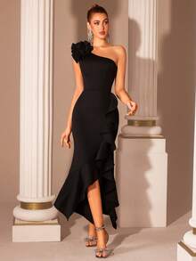 ADYCE Robe de soirée mi-longue pour le bal, l'anniversaire, la soirée, le retour au pays, le mariage, le cocktail, la réception familiale et le festival, avec une épaule, une décoration à bord de champignon multicouche, une taille haute, une jupe irrégulière à bord de feuille de lotus et un laçage. - Noir - Voir 7