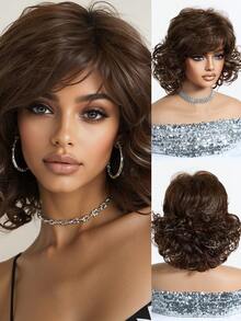 优雅蓬松复古卷发棕色亮点 12 英寸短卷发假发带刘海，编织合成假发，适合女士日常和节日佩戴 - 棕色 - 查看 2