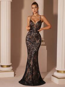 ADYCE Women's Elegant Leaf Bead Embroidered Suspender V-Neck Gorgeous Backless Cross Tie (Embroidery Position Randomly) And Party Dress For Prom Birthday Party Evening Date Homecoming Party Wedding Guest Formal Dinner Family Festival