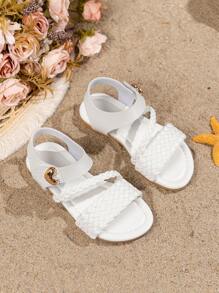 1 Pair Girls Woven Design Flat Sandals, Round Toe Hook And Loop Closure Comfortable Cute Fashion Suitable For Outdoor, Beach Wear In Summer