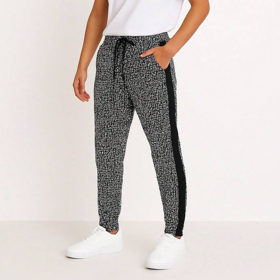 Men's Drawstring Waist All Over Print Track Pants Skinny Fit Casual Jogger Sweatpants Side Stripe Elastic Waist And Ankle Lightweight Gym And Fitness - màu đen - Xem 1
