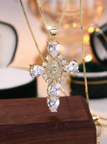 1 Pc Vintage Oval Virgin Mary Cubic Zirconia Cross Pendant Necklace Copper Jewelry
