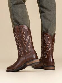 Men's Cowboy Boots Leather Western Style Rugged Comfortable Durable - Coffee Brown - View 7