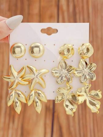 6/7 Pairs Retro Nature-Inspired Earrings For Women, Meteor Stone, Star Leaf & Floral Mix, Fall Accessory Set For Seasonal Outfit Updates & Travel