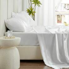 Satin King Sheet Sets - 4 Piece White Silky Satin Sheets King Size Bed Set With Deep Pocket, Luxury Silk Feel King Size Satin Sheet Set (1 Flat Sheet,1 Fitted Sheet,2 Pillow Cases) - 白色 - 查看 5