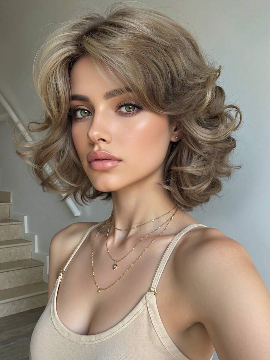 优雅蓬松复古卷发棕色亮点 12 英寸短卷发假发带刘海，编织合成女士假发，适合日常和节日佩戴，万圣节圣诞礼物 - 挑染棕色 - 查看 1