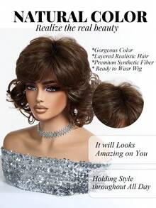 优雅蓬松复古卷发棕色亮点 12 英寸短卷发假发带刘海，编织合成假发，适合女士日常和节日佩戴 - 棕色 - 查看 3