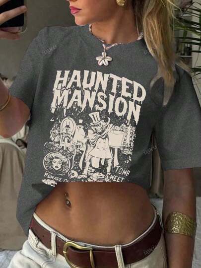 IXOEIS Women's Funny Haunted Mansion Print Crew Neck Short Sleeve T-Shirt, Casual Loose Fit, Birthday Gift, Spring And Summer T-Shirt Top, Suitable For All Occasions