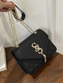 Seam Chain SS Jewelry Square Shoulder Bag Oblique Shoulder Bag - Black - View 3