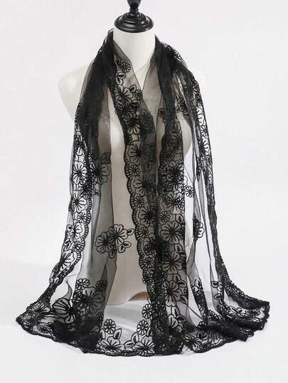 1pc Women's Multi-Color Embroidered Floral Handmade Lace Scarf, Fashionable & Sweet New Style Silk Scarf, Sunshade, Headwrap, Shawl For Spring, Summer, Autumn