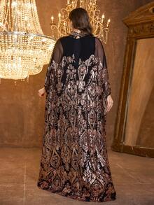 SUPGIR [Random Print] Plus Size Women's Stand Collar Long Sleeve Reversible Sequin Contrast Mesh Fabric Elegant Evening Dress - màu đen - Xem 2