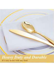 320 Piece Resuable Gold Plastic Silverware - Heavy Duty Gold Silverware Includes 160 Gold Forks, 80 Gold Spoons, 80 Gold Knives, Gold Plastic Utensils Perfect For Wedding, Party Or Daily Using , For Halloween Or Christmas Party - 金色 - 查看 5