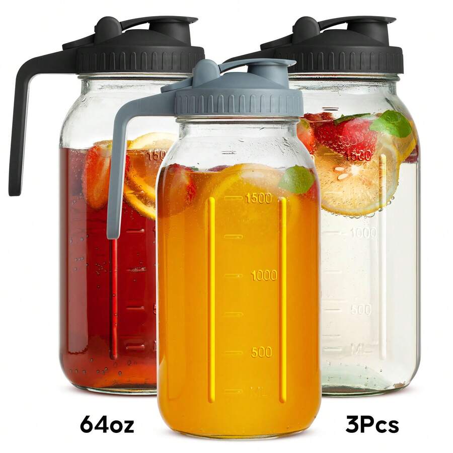 LugoBox 3-Piece Mason Jar Pitcher, 64OZ Breast Milk Pitcher Double Leak Proof With Pour Spout Handle, Wide Mouth Iced Tea Pitcher For Fridge, Creamer Container For Coffee, Sun Tea Juice - 黑色 - 查看 1