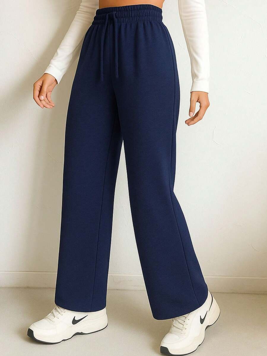 Women's Premium Drawstring Wide Leg Sweatpants - Màu xanh hải quân - Xem 1