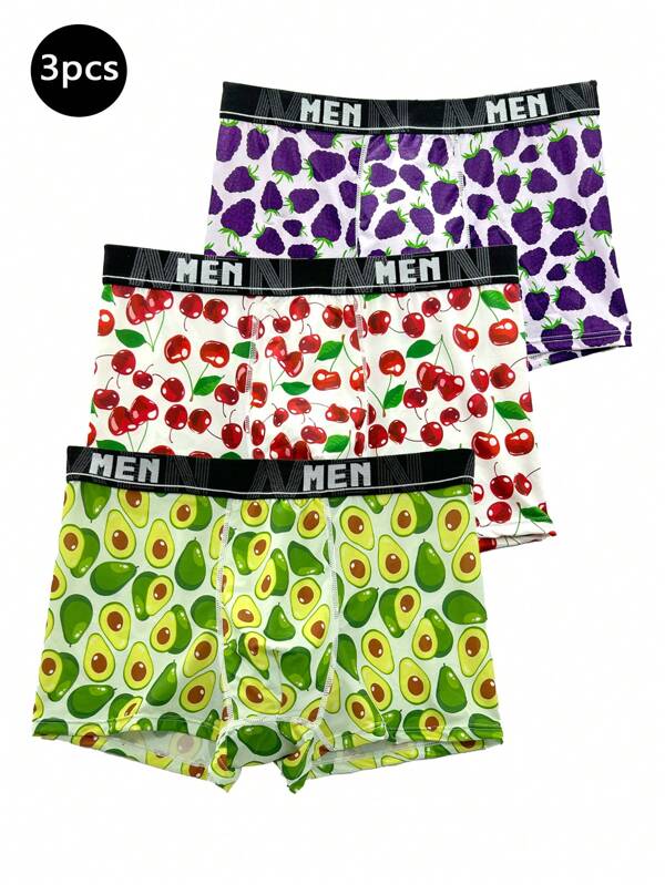 3pcs Men Boxer Briefs, Silk Breathable & Comfortable, Cartoon Fruit Print, Elastic Underwear